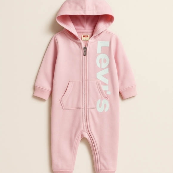 Levi’s Baby Girl Hooded Coverall 6M – Pink Graphic One-Piece NWT Cozy Playwear - Picture 3 of 8